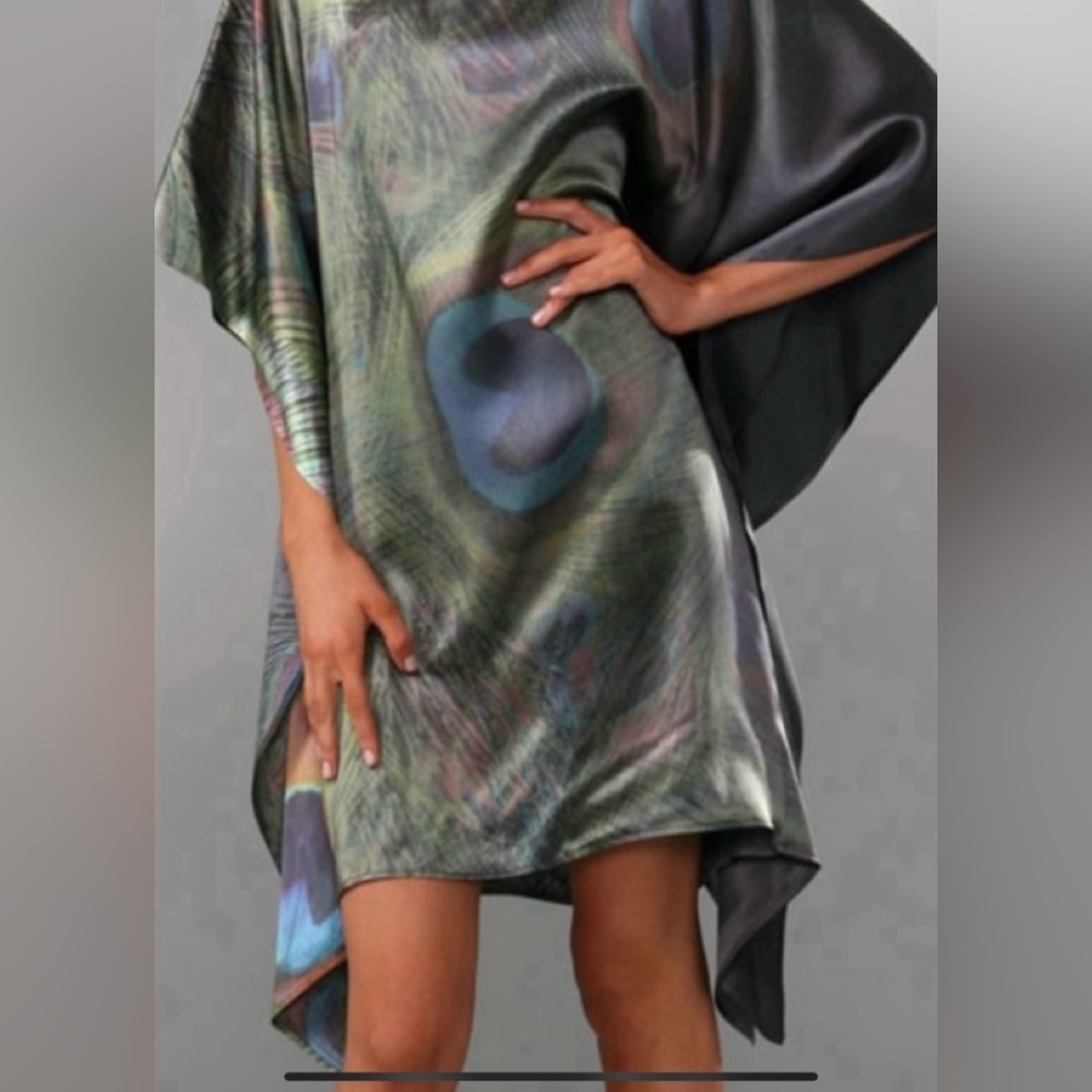 RARE Haute Hippie Silk Peacock Short Caftan Dress